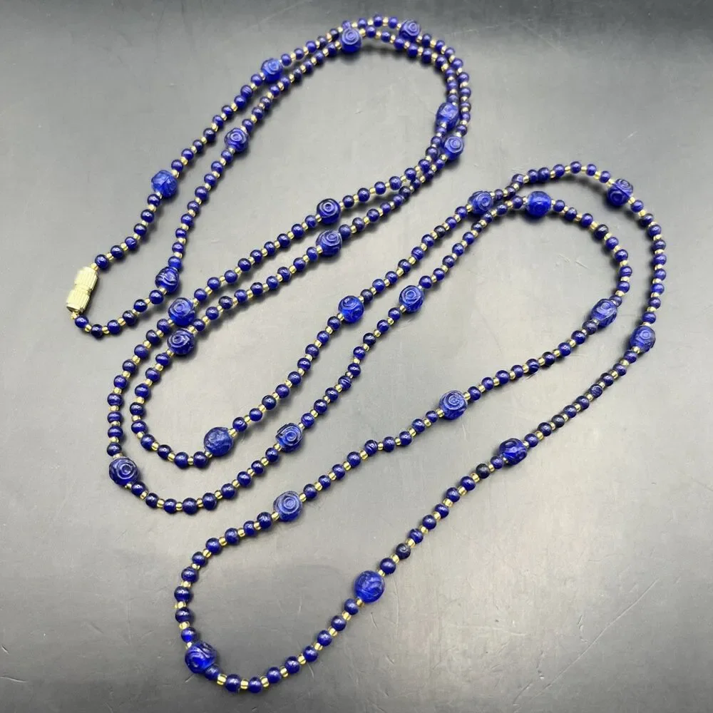 Vintage Extra Long Glass Bead Necklace Small Beads Dark Blue Gold Tone 48 Inch